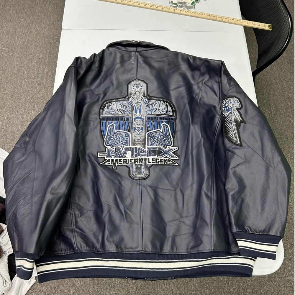 Avirex Leather Varsity Jacket Mens 4XL Navy Blue Embroidered Logo Streetwear H1